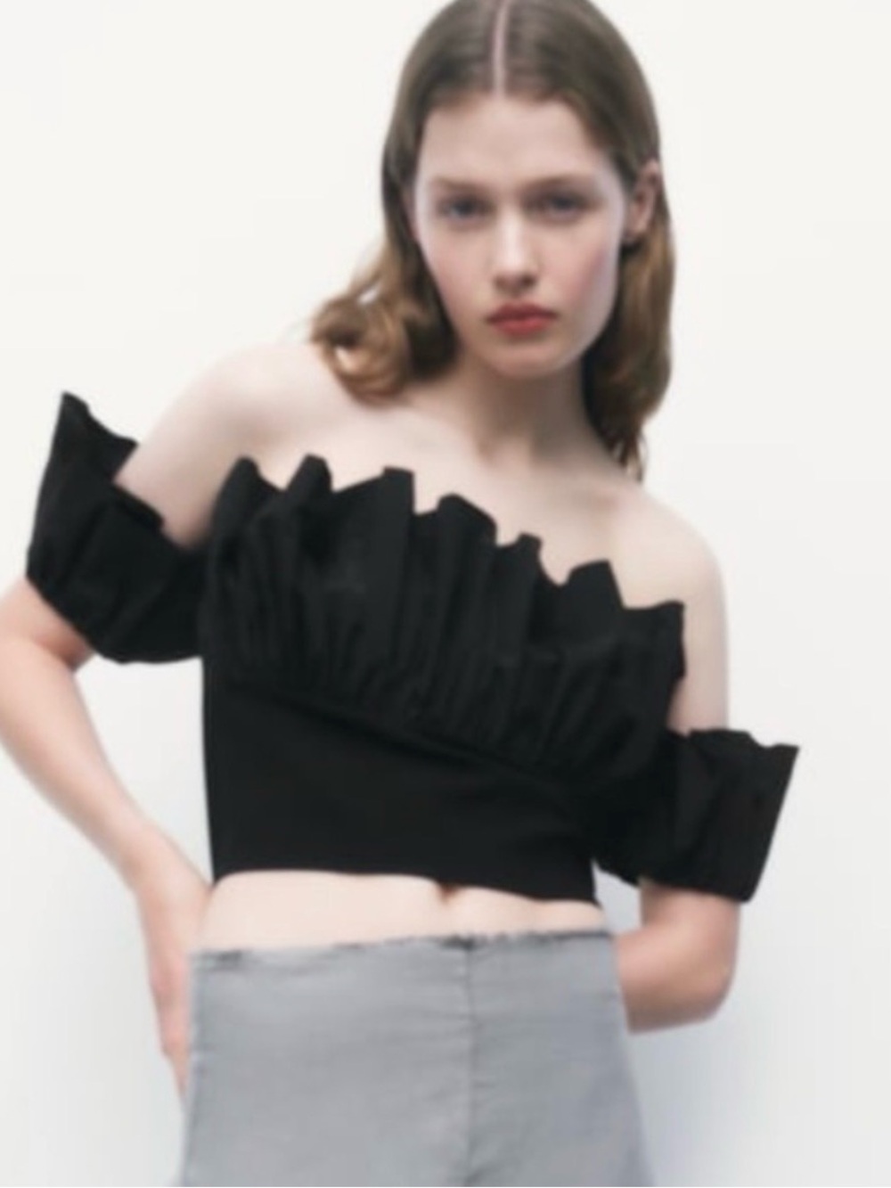 Zara Off-Shoulder Ruffle Crop Top - Picture 2 of 7